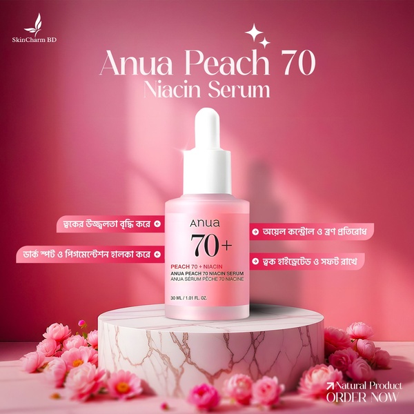 A high-contrast, professional product shot of Niacin Serum placed on a pedestal, surrounded by fresh floral accents, highlighting skincare benefits.